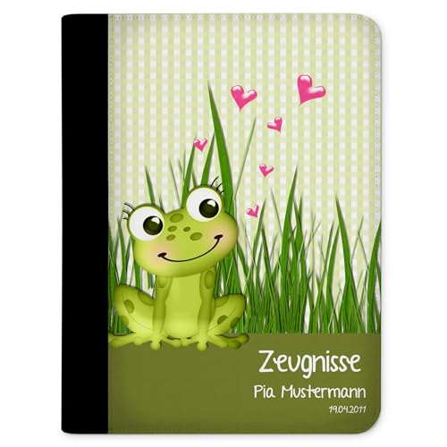 CreaDesign, Kinder Zeugnismappe mit Namen personalisiert, Zeugnis Mappe Frosch Gras mit 10 Klarsichthüllen, A4, 26,7 x 32,7 x 1 cm, Rücken schwarz von CreaDesign