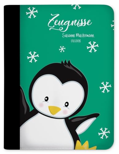 CreaDesign, Kinder Zeugnismappe mit Namen personalisiert, Zeugnis Mappe Pinguin Petrol mit 10 Klarsichthüllen, A4, 26,7 x 32,7 x 1 cm, Rücken schwarz von CreaDesign