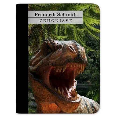 CreaDesign, Kinder Zeugnismappe mit Namen personalisiert, Zeugnis Mappe Dinosaurier T-Rex mit 10 Klarsichthüllen, A4, 26,7 x 32,7 x 1 cm, Rücken schwarz von CreaDesign