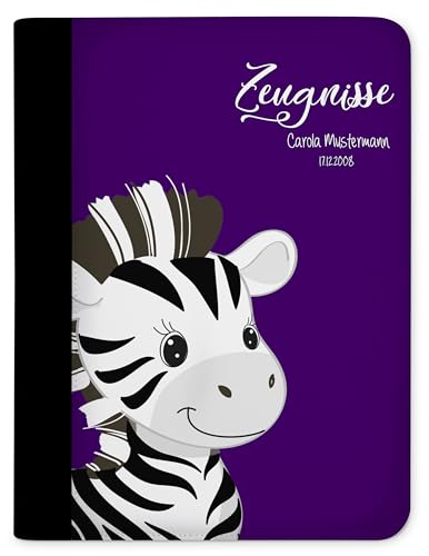 CreaDesign, Kinder Zeugnismappe mit Namen personalisiert, Zeugnis Mappe Zebra Lila mit 10 Klarsichthüllen, A4, 26,7 x 32,7 x 1 cm, Rücken schwarz von CreaDesign