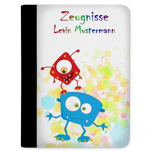 CreaDesign, Kinder Zeugnismappe personalisiert mit Namen, Zeugnis Mappe Monster Farbkleks, DIN A4, 26,7 x 32,7 x 1 cm, Rücken schwarz von CreaDesign