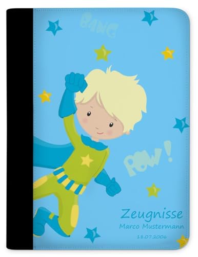 CreaDesign, Kinder Zeugnismappe personalisiert mit Namen, Zeugnis Mappe Superheld Blau, DIN A4, 26,7 x 32,7 x 1 cm, Rücken schwarz von CreaDesign