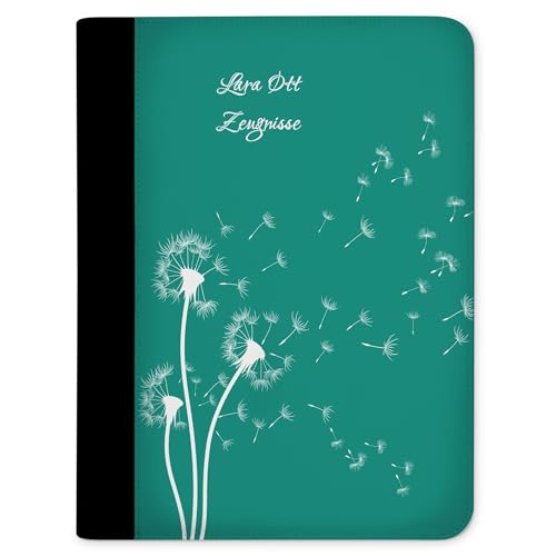 CreaDesign, Kinder Zeugnismappe personalisiert mit Namen, Zeugnis Mappe Pusteblume Petrol, DIN A4, 26,7 x 32,7 x 1 cm, Rücken schwarz von CreaDesign