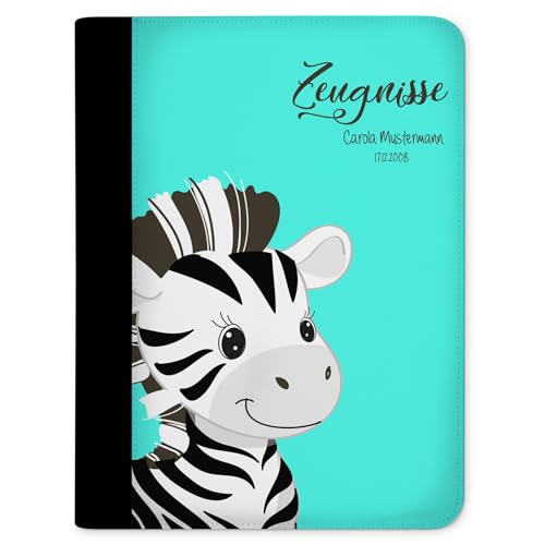 CreaDesign, Kinder Zeugnismappe personalisiert mit Namen, Zeugnis Mappe Zebra Türkis, DIN A4, 26,7 x 32,7 x 1 cm, Rücken schwarz von CreaDesign