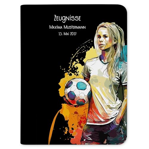 CreaDesign Customize A4 Zeugnismappe für Kinder 24 x 31 x 1 cm, Sichtbuch mit 10 Klarsichthüllen, erweiterbar auf bis zu 20 Taschen, Fußballspielerin bunt schwarz Design, Dokumentenmappe für Schüler von CreaDesign