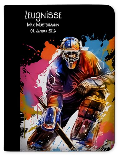 CreaDesign Customize A4 Zeugnismappe für Kinder 24 x 31 x 1 cm, Sichtbuch mit 10 Klarsichthüllen, erweiterbar auf bis zu 20 Taschen, Eishockey Torwart Design, Dokumentenmappe für Schüler von CreaDesign