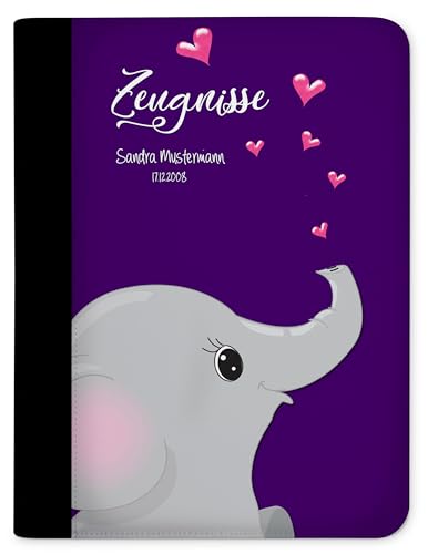 CreaDesign, Kinder Zeugnismappe personalisiert mit Namen, Zeugnis Mappe Elefant Lila, DIN A4, 26,7 x 32,7 x 1 cm, Rücken schwarz von CreaDesign