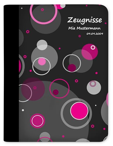 CreaDesign, Kinder Zeugnismappe personalisiert mit Namen, Zeugnis Mappe Kreise Pink, DIN A4, 26,7 x 32,7 x 1 cm, Rücken schwarz von CreaDesign