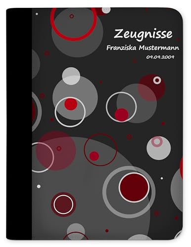 CreaDesign, Kinder Zeugnismappe personalisiert mit Namen, Zeugnis Mappe Kreise Rot, DIN A4, 26,7 x 32,7 x 1 cm, Rücken schwarz von CreaDesign