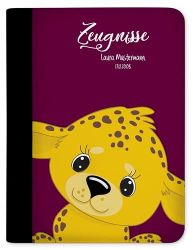 CreaDesign, Kinder Zeugnismappe personalisiert mit Namen, Zeugnis Mappe Leopard Brombeere, DIN A4, 26,7 x 32,7 x 1 cm, Rücken schwarz von CreaDesign