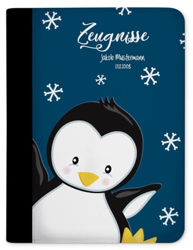 CreaDesign, Kinder Zeugnismappe personalisiert mit Namen, Zeugnis Mappe Pinguin Blau, DIN A4, 26,7 x 32,7 x 1 cm, Rücken schwarz von CreaDesign
