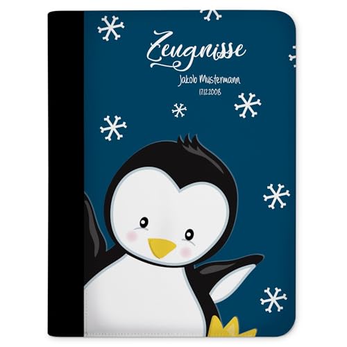 CreaDesign, Kinder Zeugnismappe personalisiert mit Namen, Zeugnis Mappe Pinguin Blau, DIN A4, 26,7 x 32,7 x 1 cm, Rücken schwarz von CreaDesign