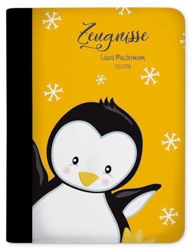CreaDesign, Kinder Zeugnismappe personalisiert mit Namen, Zeugnis Mappe Pinguin Gelb, DIN A4, 26,7 x 32,7 x 1 cm, Rücken schwarz von CreaDesign