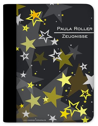 CreaDesign, Kinder Zeugnismappe personalisiert mit Namen, Zeugnis Mappe Sterne Gelb, DIN A4, 26,7 x 32,7 x 1 cm, Rücken schwarz von CreaDesign