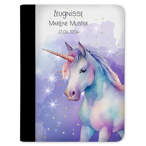 CreaDesign Zeugnismappe personalisiert mit Namen, Zeugnis Mappe Einhorn Watercolor, DIN A4, 26,7 x 32,7 x 1 cm, Rücken schwarz von CreaDesign