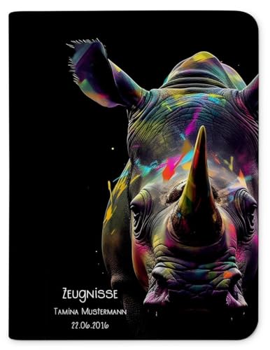 CreaDesign Zeugnismappe personalisiert mit Namen, Zeugnis Mappe Nashorn, DIN A4, 26,7 x 32,7 x 1 cm, Rücken schwarz von CreaDesign
