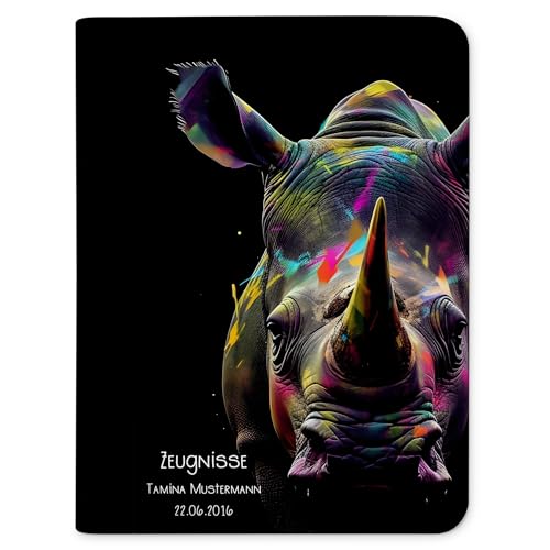 CreaDesign Zeugnismappe personalisiert mit Namen, Zeugnis Mappe Nashorn, DIN A4, 26,7 x 32,7 x 1 cm, Rücken schwarz von CreaDesign