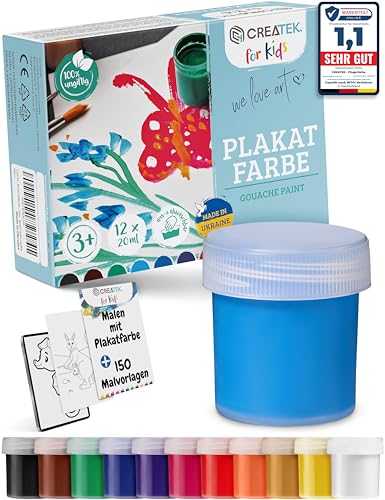 CreaTek Bastelfarben für Kinder [ perfekt für Kiga, Schule & Hobby ] 12x20ml leuchtende Malfarben Kinder 3 Jahre - 100% sicher, vegan, geruchlos & auswaschbar - Plakatfarben Kinder, Malfarben Schule von CreaTek