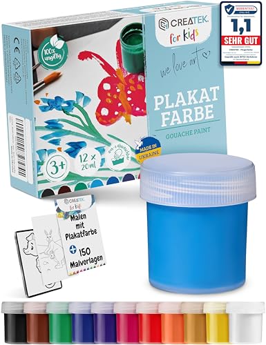 CreaTek - - Bastelfarben für Kinder [ inkl. toller Vorlagen ] 12x20ml - leuchtende Fingermalfarben Für Kinder ungiftig - 100% sicher & getestet - Kinderbastelfarbe, Fingerfarben Kinder ungiftig von CreaTek