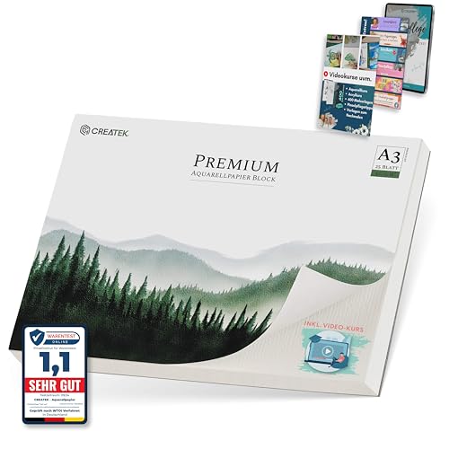 CreaTek Aquarellpapier A3 300g Mit 25 Blatt - Premium Qualität für Brillante Aquarelle, Naturweiß & Kaltgepresst Aquarellblock Inkl. Gratis Zubehör & Videokurs von CreaTek