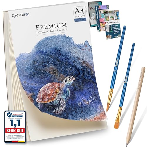 CreaTek Aquarellpapier A4 300g mit 30 Blatt [ Premium Qualität für brillante Aquarelle ] Naturweiß & Kaltgepresst Aquarellblock A4 300g inkl. Gratis Zubehör & Videokurs - Aquarell Papier A4 von CreaTek