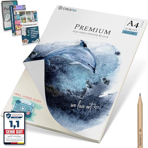 CreaTek Aquarellpapier A4 300g mit 20 Blatt [ Rundum geleimt für Profis ] Naturweiß & Kaltgepresst Aquarellblock A4 300g inkl. Gratis Zubehör & Videokurs - 4-seitig geleimtes Aquarell Papier A4 von CreaTek