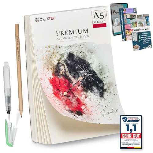 CreaTek Aquarellpapier A5 300g [Nur bei uns inkl 2 Std Video Kurs] 40 Blatt Aquarellblock A5 + Wassertankpinsel +400 Malvorlagen - Premium Aquarelle Papier A5, Aquarellblock DIN A5, Aquarell Block A5 von CreaTek