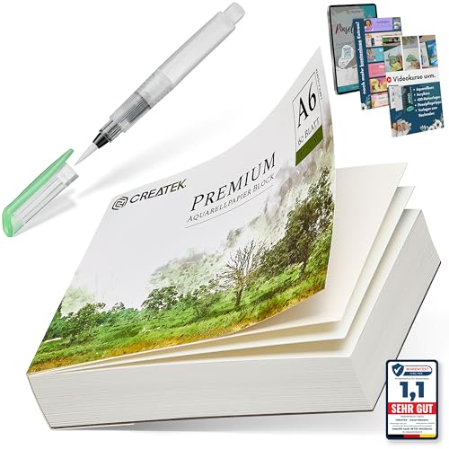 CreaTek Aquarellpapier A6 300g [ inkl 2 Std. Video Kurs ] 60 Blatt Aquarellblock A6 + Wassertankpinsel +400 Malvorlagen - praktische Aquarell Papier Postkarte zum selbstgestalten | Watercolor Paper von CreaTek