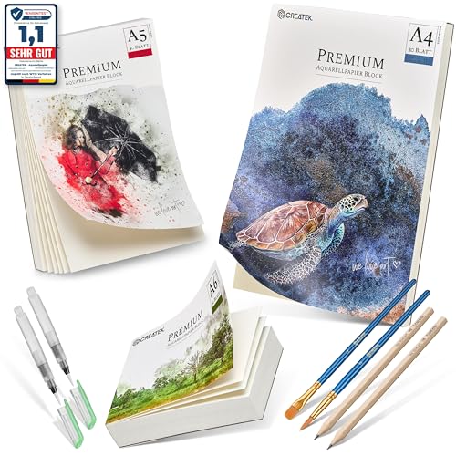 CreaTek Aquarellpapier Set im Format DIN A4 + A5 + A6 [ Premium Qualität für brillante Aquarelle ] Naturweiße & Kaltgepresste Aquarellblöcke zum Vorteilspreis | Aquarell Papier, Aquarell Malblock von CreaTek