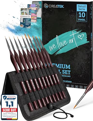 CreaTek Premium Detail Pinsel Set Acrylfarben [ höchste Präzision & perfekte Details ] 10 extra feine Pinsel inkl. Aufsteller für alle gängigen Farben - Malerei, Modellbau, Malen nach Zahlen UVM von CreaTek