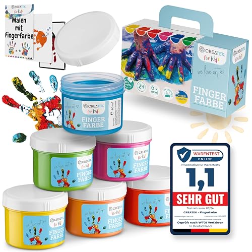 CreaTek - Fingerfarben Kinder ungiftig ab 2 Jahre [ inkl. lustiger Malvorlagen ] 100% sicher, vegan, geruchlos & auswaschbar - 6x leuchtende Grundfarben je 60ml - Fingermalfarben für Kinder ungiftig von CreaTek