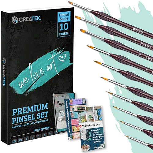 CreaTek Premium Detail Pinselset Acrylfarben - 10 feine Pinsel für höchste Präzision und Details - perfekt als Aquarellpinsel, Pinsel Acrylfarbe, Modellbau Pinsel Set, Pinsel Malen nach Zahlen von CreaTek