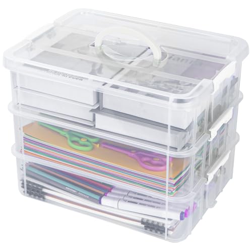 Creahaus 3-Stöckige Aufbewahrungsbox mit Deckel für Bastelarbeiten,Stapelbare Aufbewahrungsboxen für Bastelmaterial,Nähkasten,Sortierbox,Nähgarn Aufbewahrung(weiß) von Creahaus