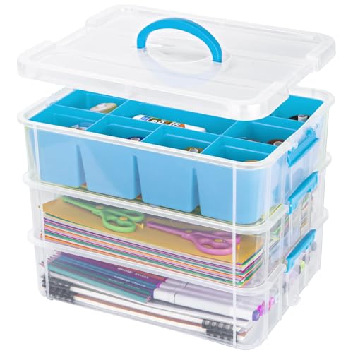 Creahaus 3-Stöckige Aufbewahrungsbox mit Deckel für Bastelarbeiten,Stapelbare Aufbewahrungsboxen mit Abnehmbares Tablett für Bastelmaterial,Nähkasten,Sortierbox,Nähgarn Aufbewahrung(blau) von Creahaus