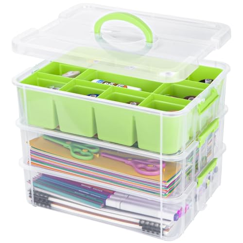 Creahaus 3-Stöckige Aufbewahrungsbox mit Deckel für Bastelarbeiten,Stapelbare Aufbewahrungsboxen mit Abnehmbares Tablett für Bastelmaterial,Nähkasten,Sortierbox,Nähgarn Aufbewahrung(grüner) von Creahaus