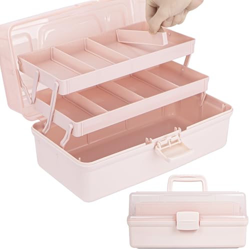 Creahaus 32cm 3-Regal Mehrzweck-Aufbewahrungsbox, Sortierbox, Organizer Box, Bastelbox, Nähkasten, Medizinkoffer, Toolbox, Angelkoffer mit 2 Regalen(pink) von Creahaus