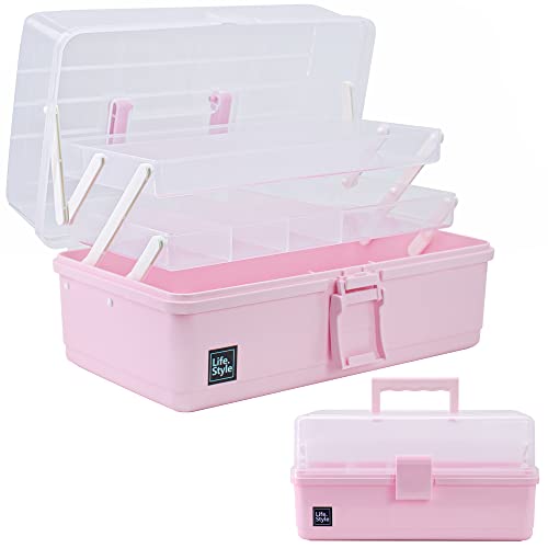 Creahaus 33cm 3-Regal Mehrzweck-Aufbewahrungsbox, Sortierbox, Organizer Box, Bastelbox, Nähkasten, Medizinkoffer, Toolbox, Angelkoffer mit 2 Regalen (Rosa) von Creahaus