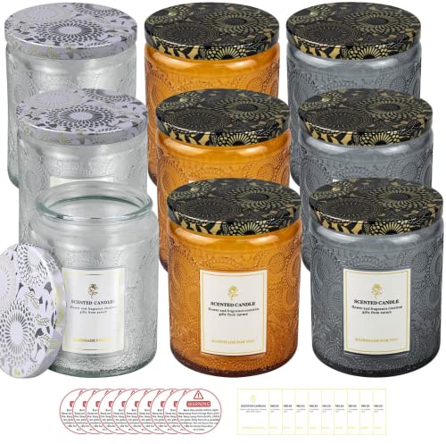 Creahaus 8,8 oz, 9 Pack geprägte Kerzengläser für die Kerzenherstellung, Glasbehälter mit Metalldeckel und Aufkleber-Etiketten, Kerzen-DIY-Crafts (Mix) von Creahaus