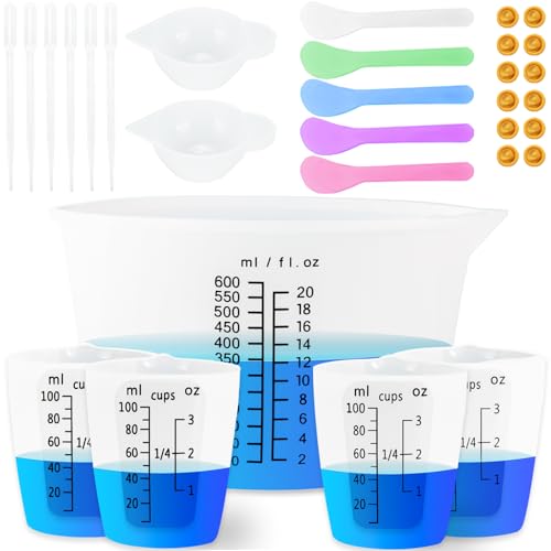 Creahaus Silikon-Messbecher-Set, leicht ablesbare 600ML Silikon-Mischschüssel mit 250&100ML Silikon-Harz-Mischbechern, leicht zu reinigende, wiederverwendbare Epoxidharz-Harz-Zubehör von Creahaus