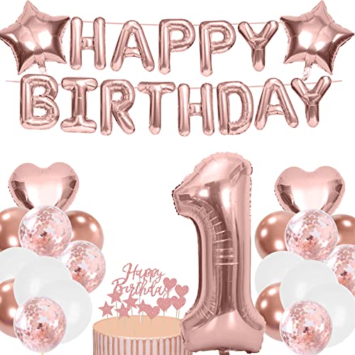 Luftballons 1. Geburtstag Deko Mädchen Rosegold, Folienballon 1. Geburtstag Mädchen, Happy Birthday Girlande, Rosegold Tortendeko Geburtstag Für 1. Geburtstagsdeko für Mädchen von Creaher
