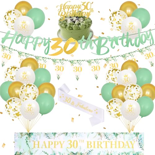 30 Geburtstag Dekorationen Salbeigrün Party Luftballons, 30 Geburtstag Banner Luftballons mit Wimpelkette Flaggen Kuchen Topper Schärpe, Grün Gold Party Dekoration für Männer Frauen 30 Jahre alt 30 Geburtstag Dekorationen Salbeigrün Party Luftballons, 30 Geburtstag Banner Luftballons mit Wimpelkette Flaggen Kuchen Topper Schärpe, Grün Gold Party Dekoration für Männer Frauen 30 Jahre alt von Creaher