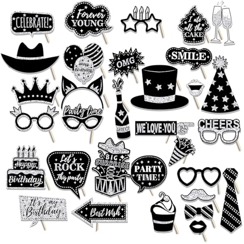 36pcs Geburtstag Photo Booth Props Schwarz Silber Happy Birthday Prop Photo Booth Requisiten Zubehör Schnurrbart Brille Hüte Pose Schild Kit für Geburtstag Party Supplies Geburtstag Party Foto von Creaher