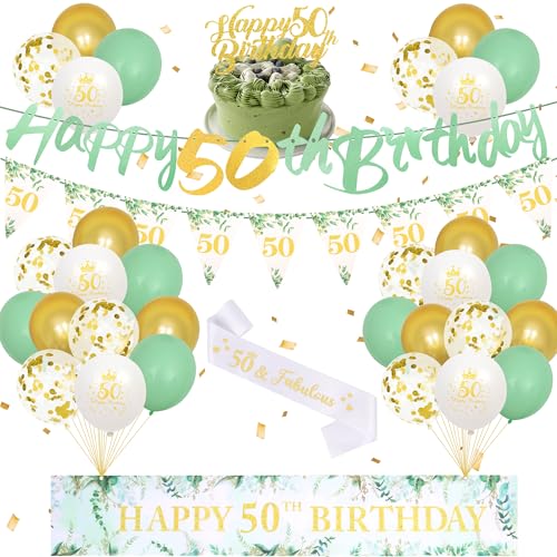 50 Geburtstag Dekorationen Salbeigrün Party Luftballons, 50 Geburtstag Banner Luftballons mit Wimpelkette Flaggen Cake Topper Schärpe, Grün Gold Party Dekoration für Männer Frauen 50 Jahre alt 50 Geburtstag Dekorationen Salbeigrün Party Luftballons, 50 Geburtstag Banner Luftballons mit Wimpelkette Flaggen Cake Topper Schärpe, Grün Gold Party Dekoration für Männer Frauen 50 Jahre alt von Creaher