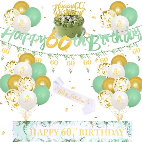 60 Geburtstag Dekorationen Salbeigrün Party Luftballons, 60 Geburtstag Banner Luftballons mit Wimpelkette Flaggen Cake Topper Schärpe, Grün Gold Party Dekoration für Männer Frauen 60 Jahre alt 60 Geburtstag Dekorationen Salbeigrün Party Luftballons, 60 Geburtstag Banner Luftballons mit Wimpelkette Flaggen Cake Topper Schärpe, Grün Gold Party Dekoration für Männer Frauen 60 Jahre alt von Creaher