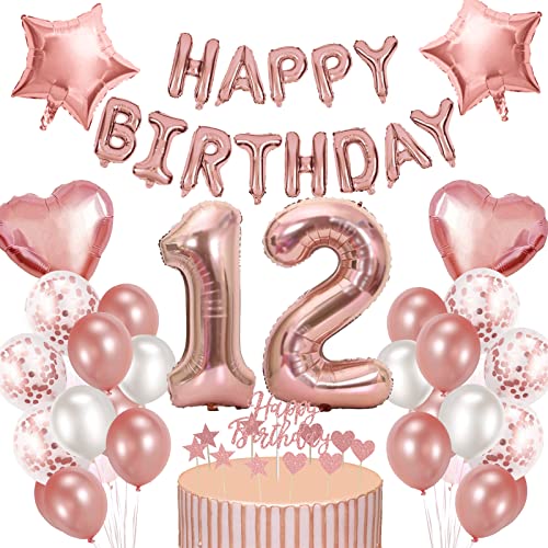 Creaher 12. Geburtstag Deko Mädchen Rosegold Ballon Set Luftballon 12 Folienballon Happy Birthday Girlande Kuchendeckel 12. Geburtstag Deko 12 Geburtstagdeko Frauen von Creaher