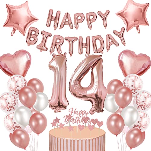Creaher 14. Geburtstag Deko Mädchen Rosegold Ballon Set Luftballon 14 Folienballon Happy Birthday Girlande Kuchendeckel 14. Geburtstag Deko 14 Geburtstagdeko Frauen von Creaher