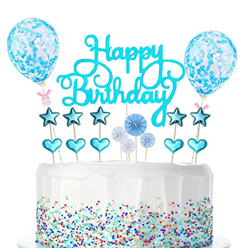 Creaher Tortendeko Blau 17 Stück, Happy Birthday Cake Topper Kuchendeko Sterne Herz Cupcake Tortenstecker für Geburtstag Dekoration Mädchen Junge von Creaher