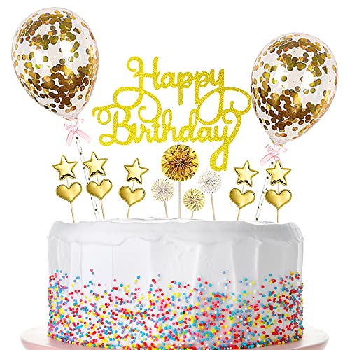 Creaher Tortendeko Gold 17 Stück, Happy Birthday Cake Topper Kuchendeko Sterne Herz Cupcake Tortenstecker für Geburtstag Dekoration Mädchen Junge von Creaher