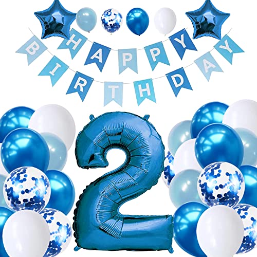 Dekorationsset für Jungen zum 2. Geburtstag, blaues Party-Dekorationsset, Alter 2. Geburtstag, Luftballons mit Happy Birthday-Bannern, Stern-Folienballons für Mädchen, Jungen, Babyparty, Partyzubehör von Creaher