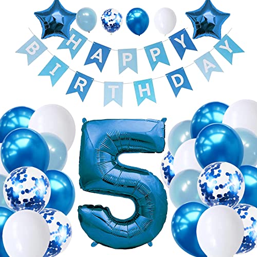 Dekorationsset für Jungen zum 5. Geburtstag, blaues Party-Dekorationsset, zum 5. Geburtstag, Luftballons mit Happy Birthday-Bannern, Stern-Folienballons für Mädchen, Jungen, Babyparty, Partyzubehör von Creaher